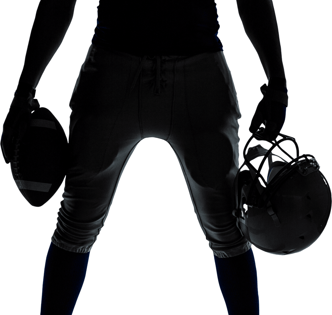 Silhouette of American Football Player Holding Ball and Helmet