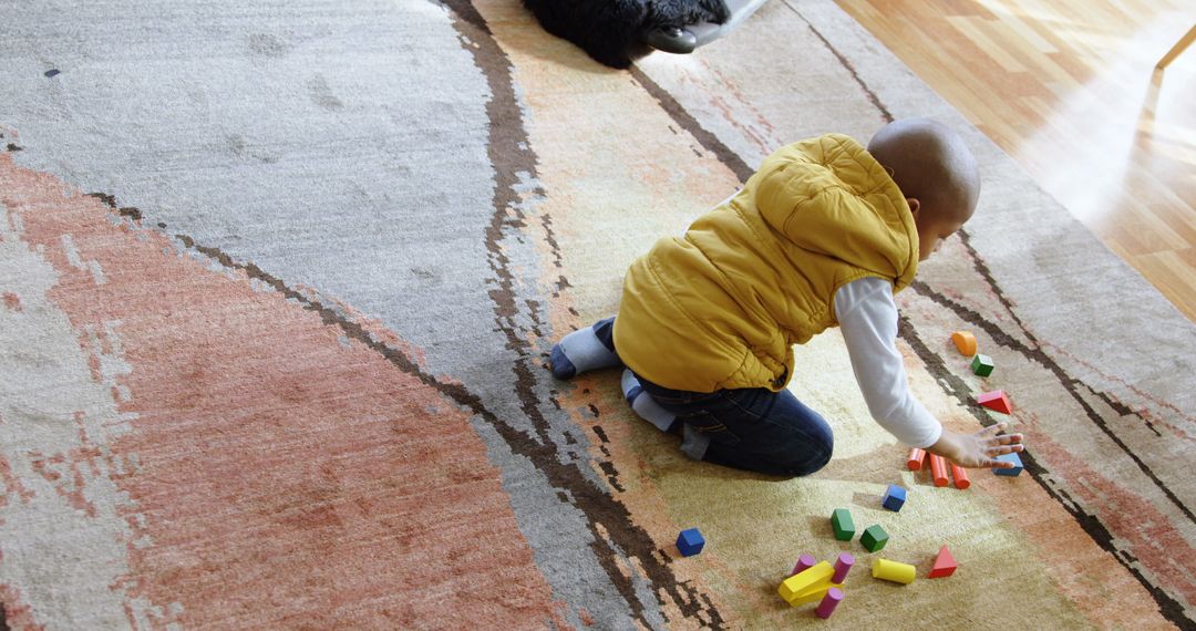 Child Playing with Building Blocks on Rug at Home