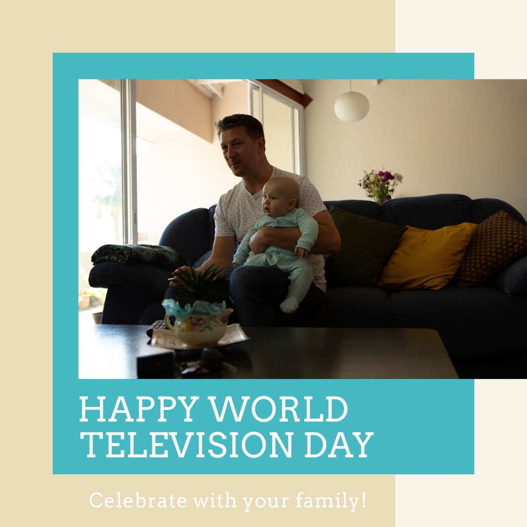 Composition of happy world television day text with caucasian man holding baby and watching tv - Download Free Stock Templates Pikwizard.com