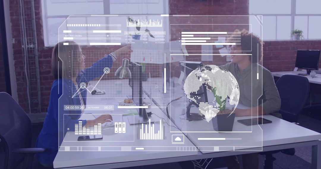 Colleagues Analyzing Data with Holographic Displays in Modern Office