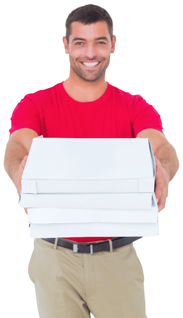 Smiling Delivery Man Holding Pizza Boxes on Transparent Background