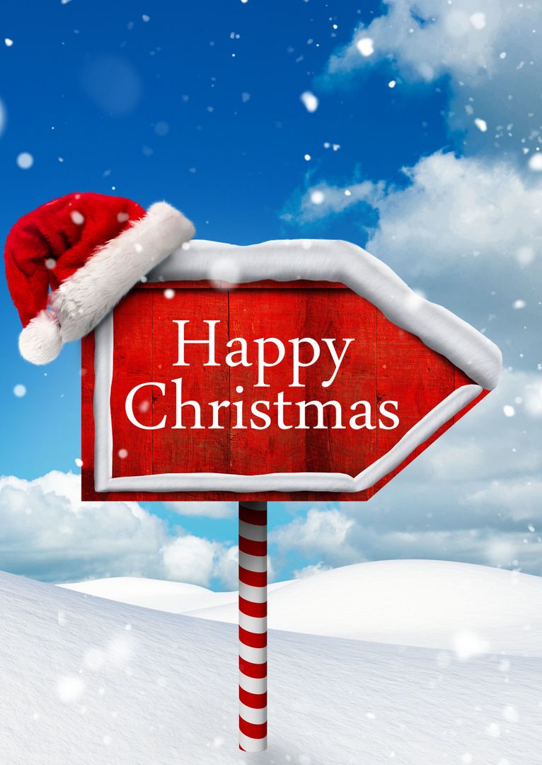 Festive Signpost with Santa Hat in Snowy Landscape