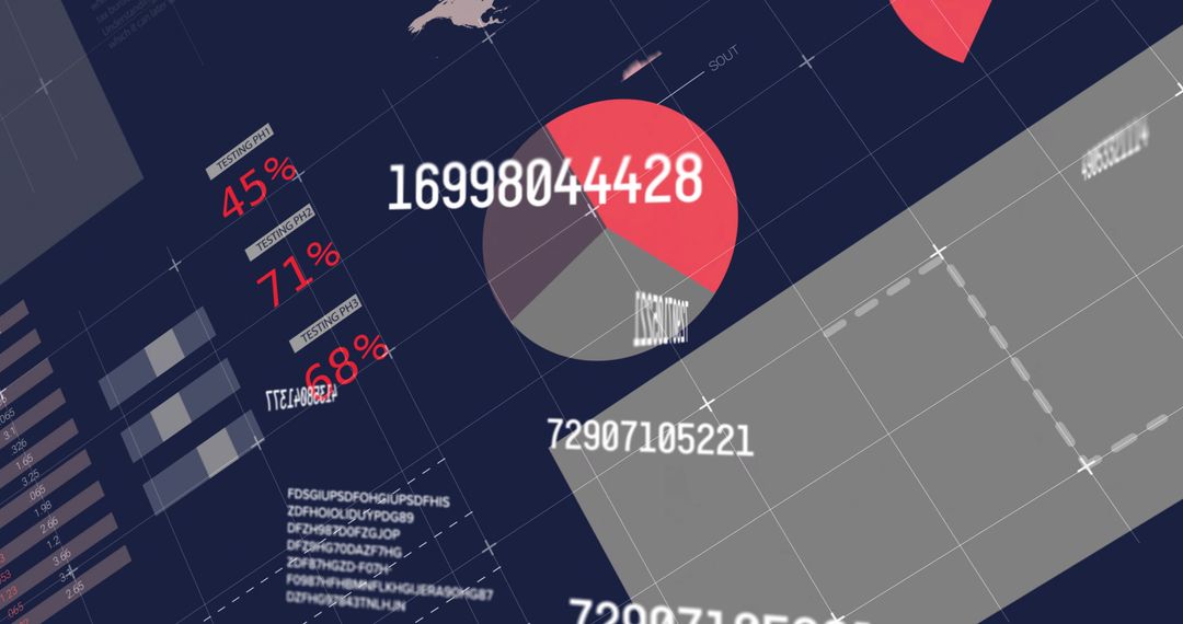 Displaying digital analytics dashboard with large numeric data and pie chart on navy grid