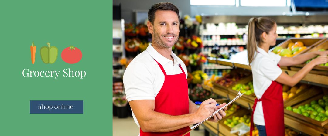 Smiling Grocery Store Employees Ensuring Fresh Produce and Customer Satisfaction - Download Free Stock Templates Pikwizard.com