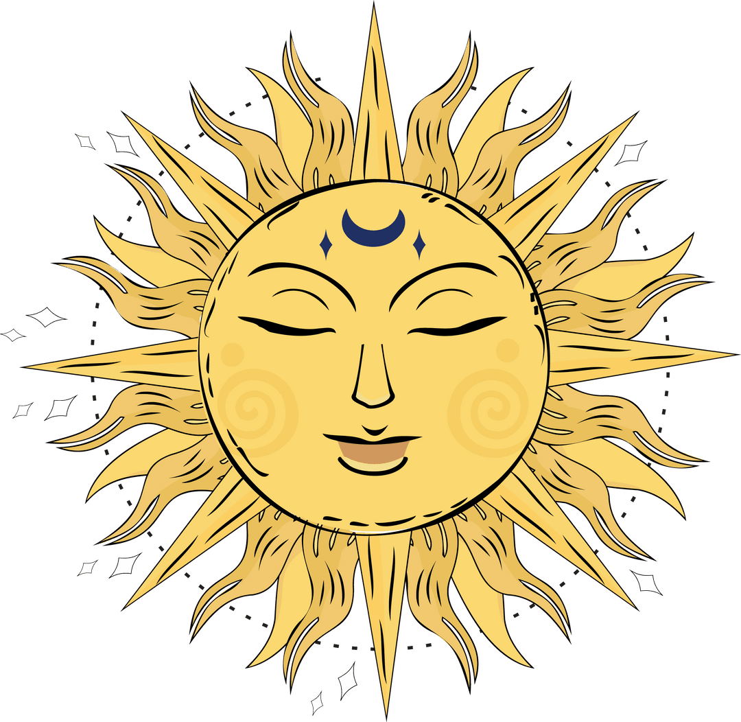 Mystical Sun Face with Crescent Moon on Transparent Background