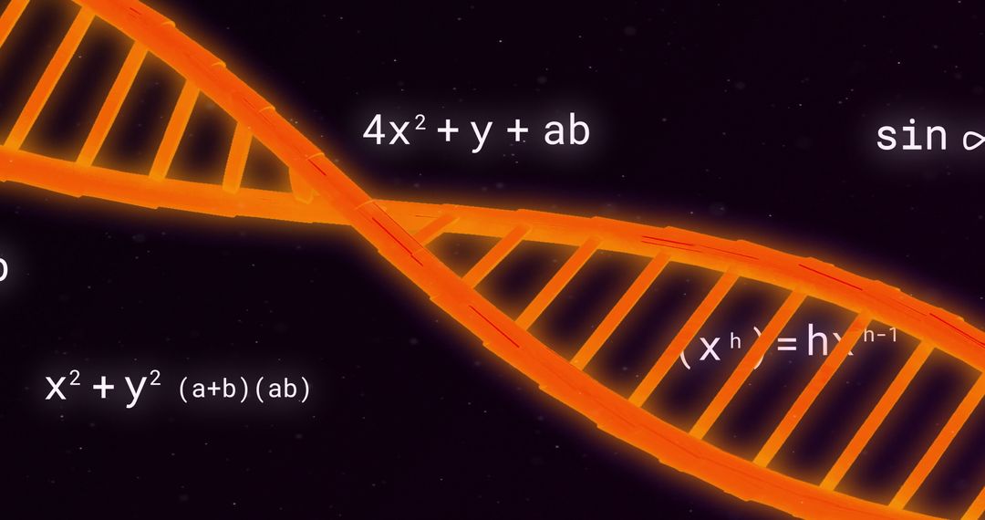 DNA Strand Overlayed with Mathematical Equations on Black Background