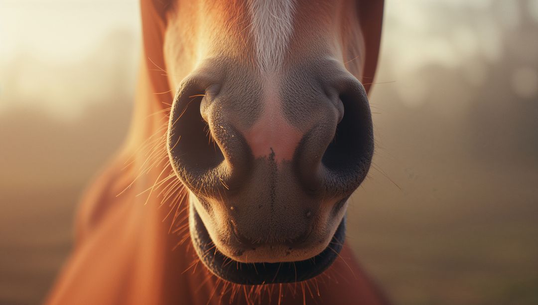 Close-Up of Horse Muzzle in Golden Light in Rural Pasture
