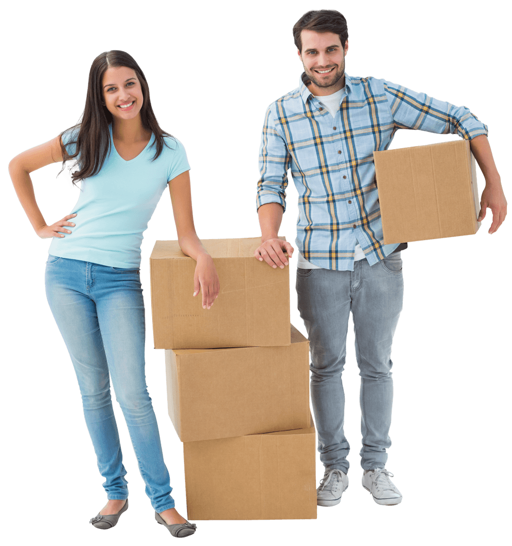 Happy Couple Moving with Cardboard Boxes on Transparent Background