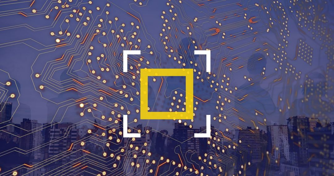 Futuristic Circuit Overlay on Urban Skyline Conveying Data Processing