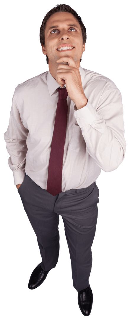 Transparent Thoughtful Businessman Touching Chin Looking Up