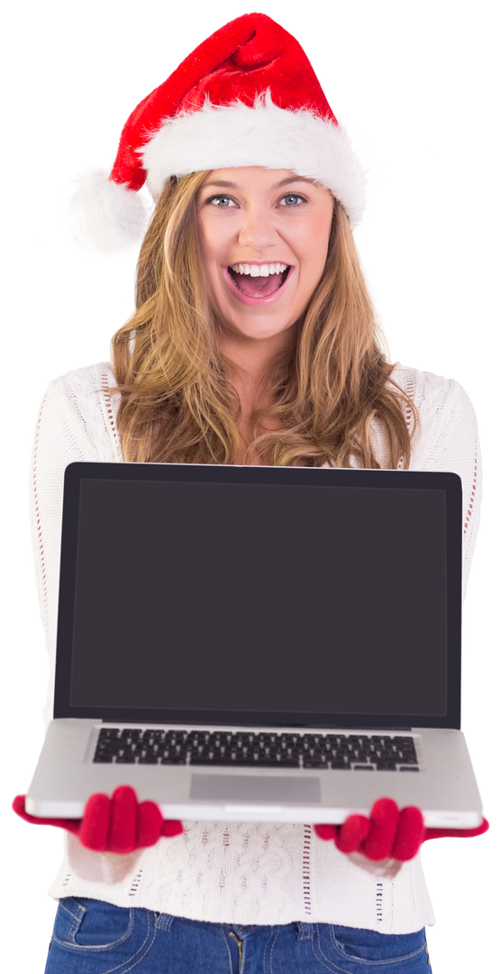 Transparent smiling woman wearing Santa hat holding laptop displaying blank screen - Download Free Stock Images Pikwizard.com