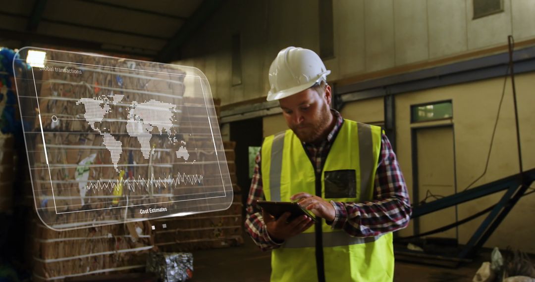 Warehouse Worker Analyzing Digital Global Shipping Data