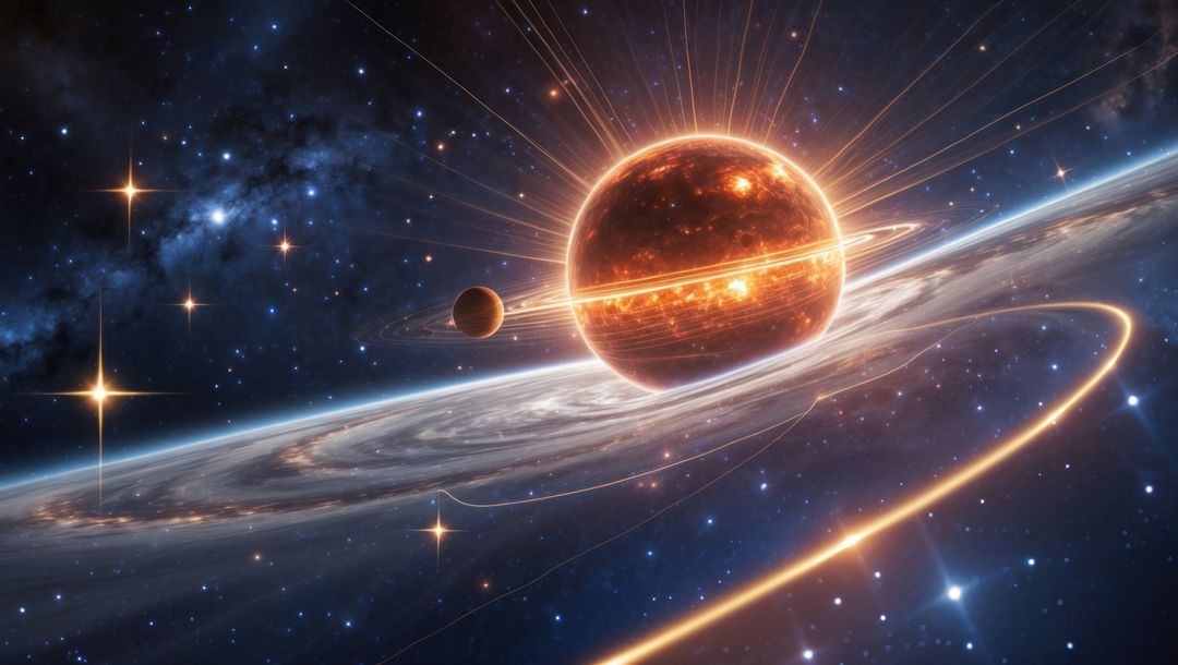 Glowing Ringed Planet and Moon in Spiral Galaxy Cosmos