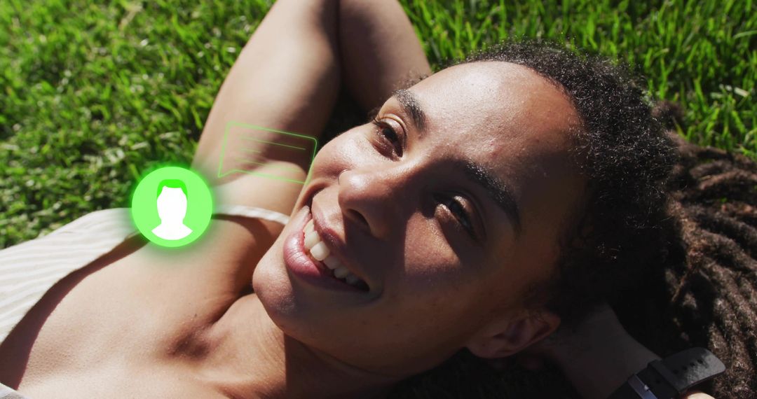Woman Relaxing Outdoors with Technology Symbol Overlay