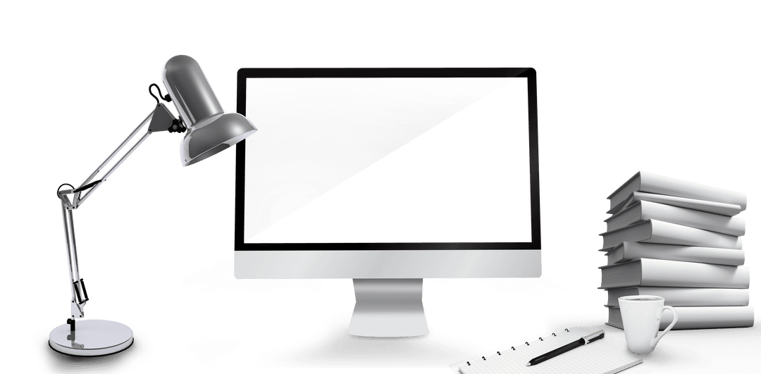 Transparent Office Desk Workspace with Computer, Lamp and Books - Download Free Stock Images Pikwizard.com
