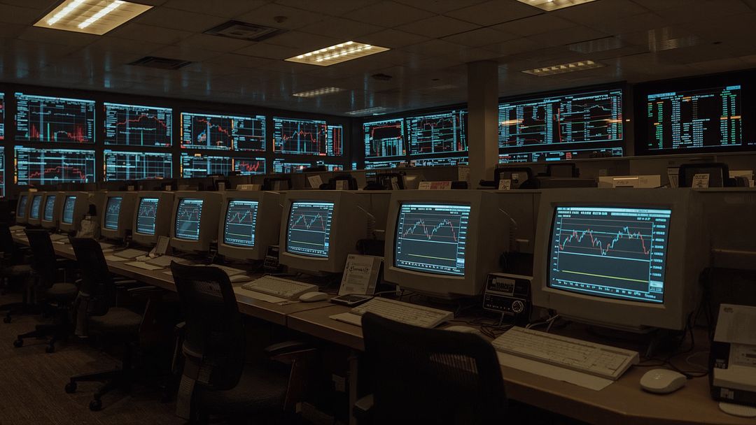 Vintage Trading Floor with CRT Monitors and Stock Charts