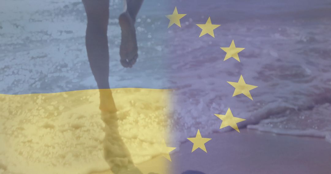 Blending of Ukraine and EU Flags on Breathtaking Beach Waters