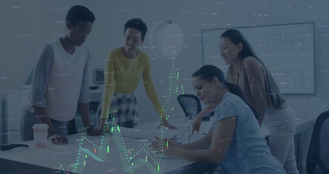 Diverse Team Analyzing Data with Digital Finance Overlay