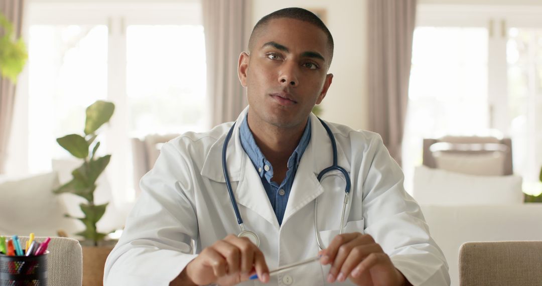 Young Doctor in Lab Coat with Stethoscope Sitting in Modern Office - Free Images, Stock Photos and Pictures on Pikwizard.com