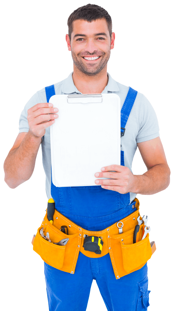 Smiling Repairman Holding Blank Transparent Clipboard
