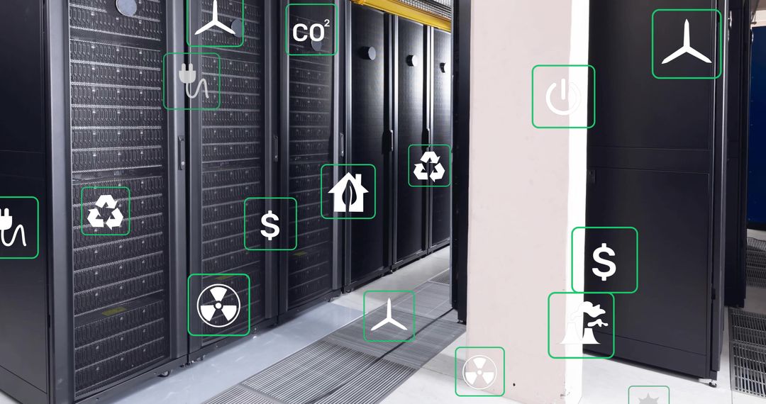 Ecology and Technology Concept in Server Room with Digital Icons