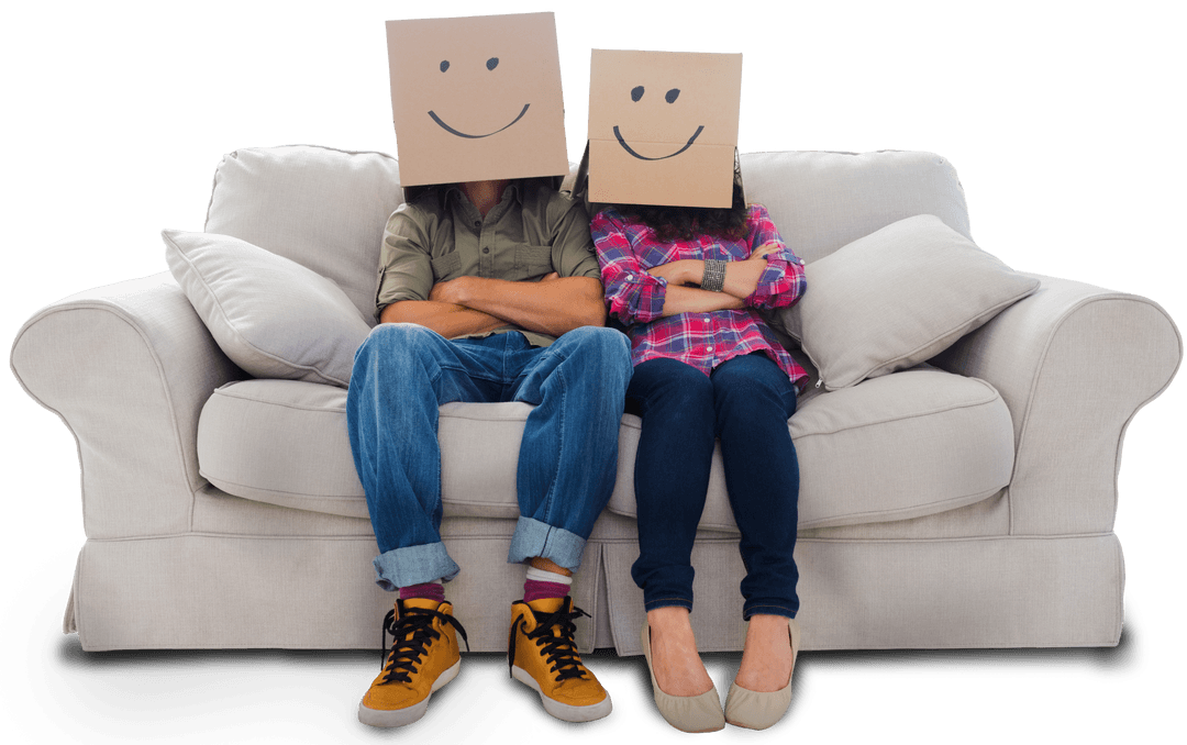Playful Couple with Box Heads Showing Transparent Fun Emotions