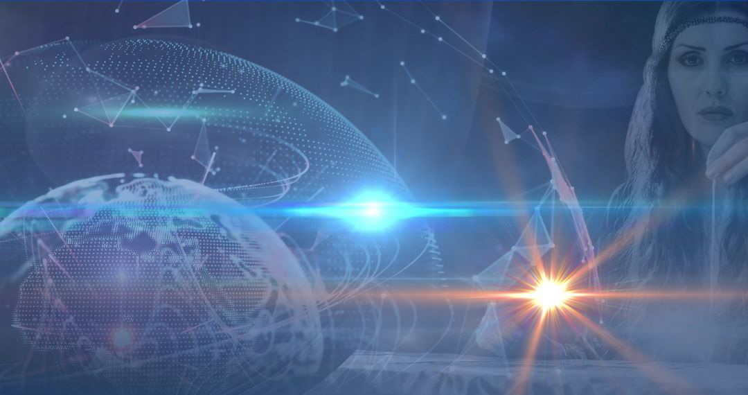Futuristic Concept: Woman Interacting with Holographic Globe Interface