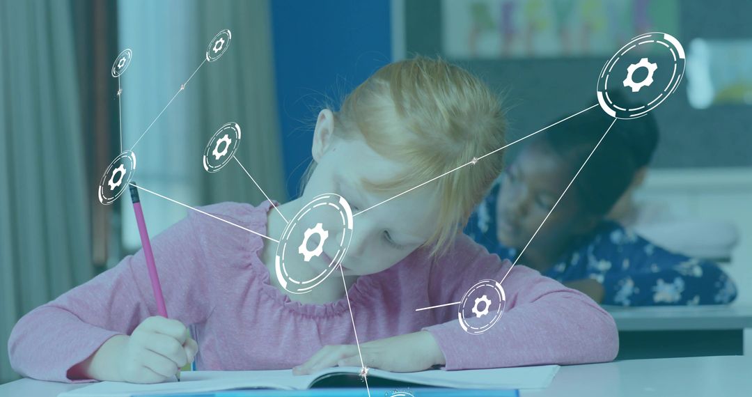 Elementary student writing in classroom with digital network gears overlay for learning