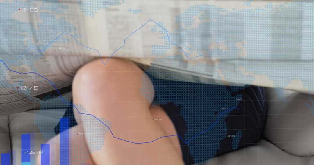 Caucasian Woman Reading Newspaper with Virtual Data Overlay