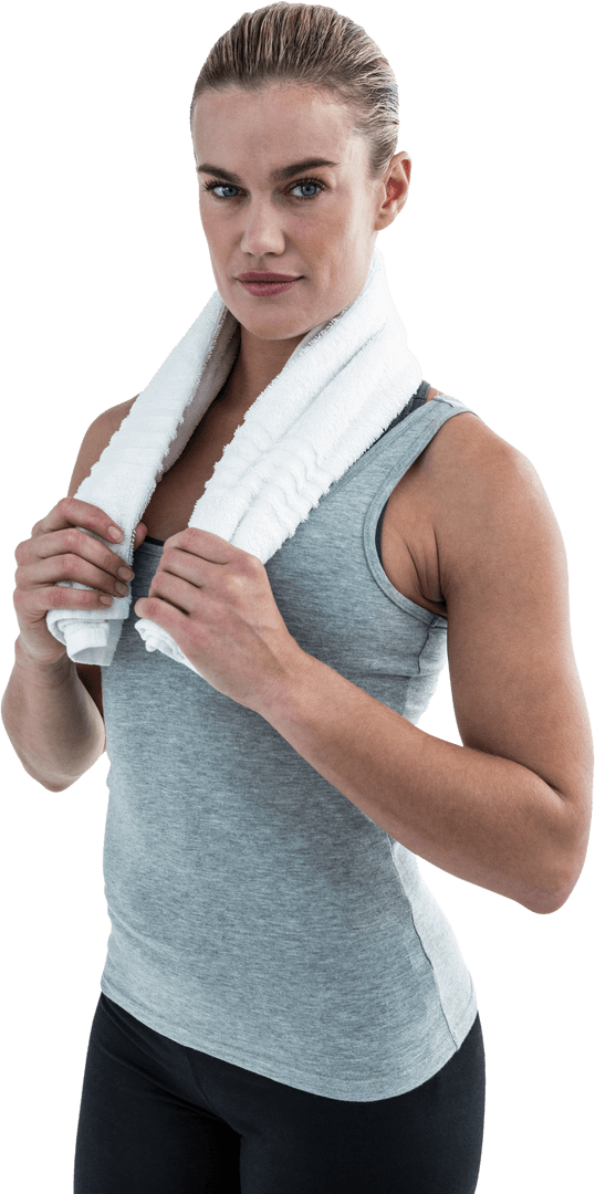 Transparent Muscular Woman with Fitness Towel Relaxing Post-Workout