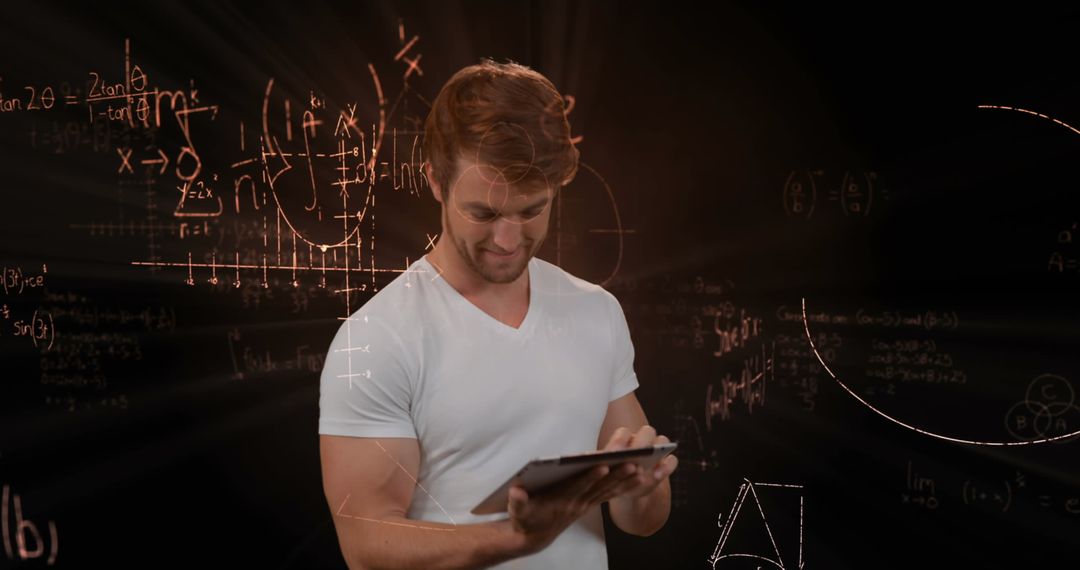 Young Man Using Tablet Surrounded by Floating Math Equations