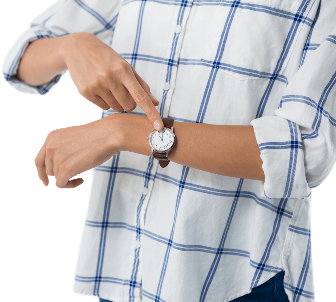 Female Executive Touching Transparent Wristwatch on Wrist
