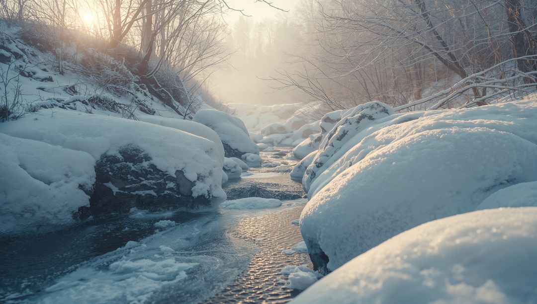 Serene winter creek flowing through snowy valley in misty morning light