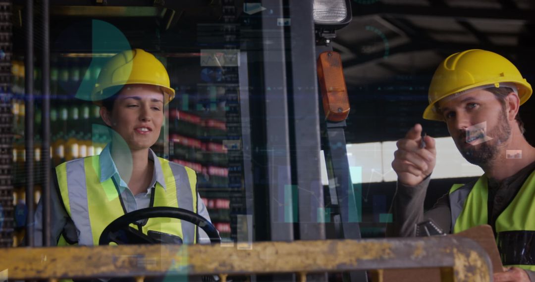 Warehouse Workers Analyzing Data with Technology Overlay