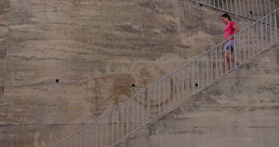 Woman in Pink Shirt Descending Concrete Staircase - Free Images, Stock Photos and Pictures on Pikwizard.com