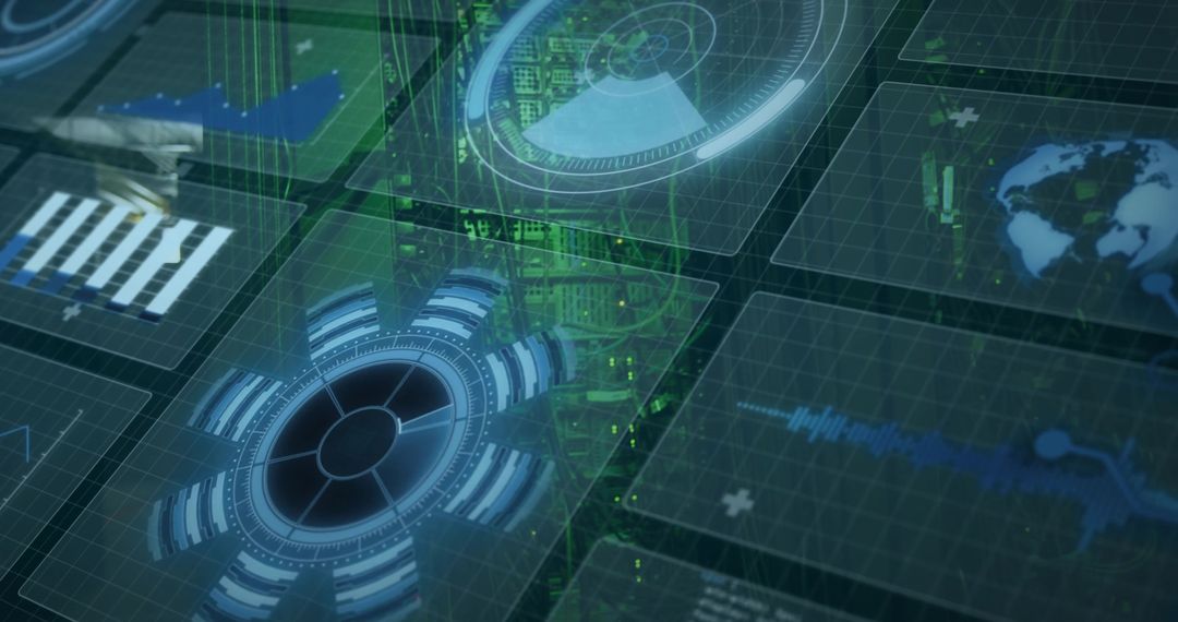 Holographic Data Interface Pulsing Blue HUD Global Analytics Panels Circuitry Visualization