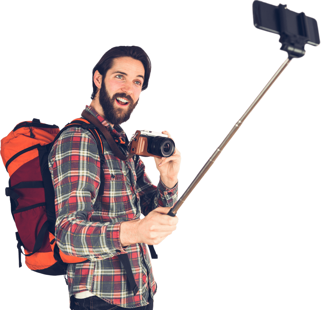 Excited Hiker Taking Selfie with Transparent Background