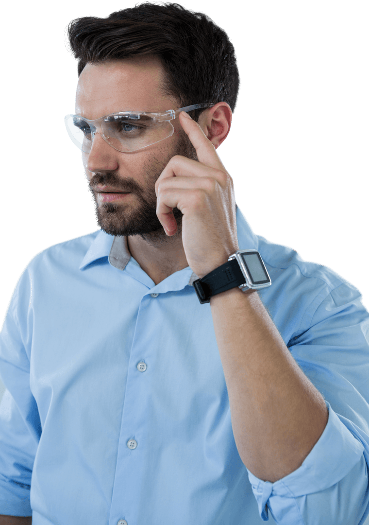 Transparent Image of Man with Smart Watch and Protective Glasses