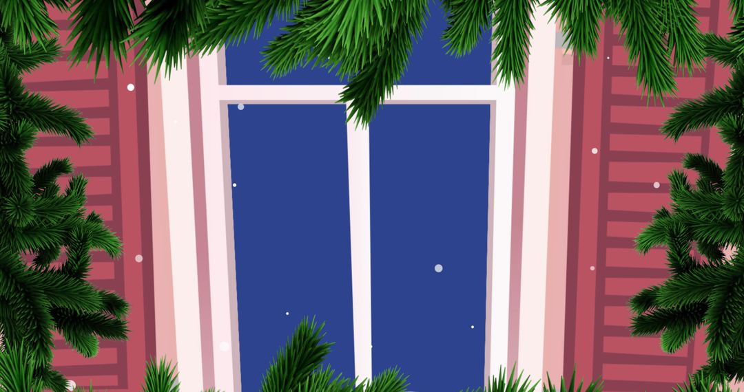 Christmas Window Frame with Evergreen Garland and Falling Snow