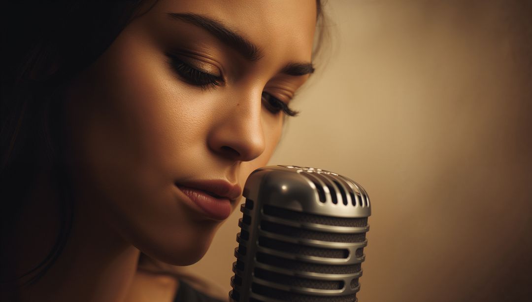 Intimate closeup female singer leaning over vintage microphone, singing with lowered eyes