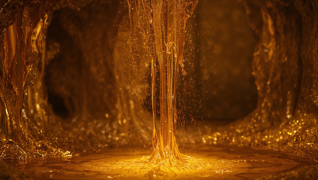 Molten Gold Stream Flowing in Majestic Underground Cave