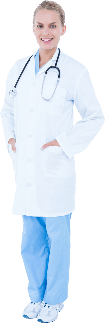 Transparent Doctor Smiling in White Coat and Scrubs