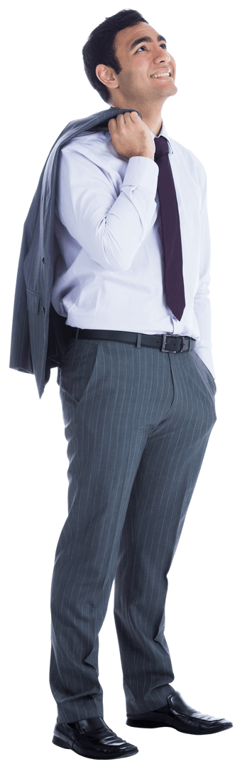 Smiling Biracial Businessman Looking Up on Transparent Background