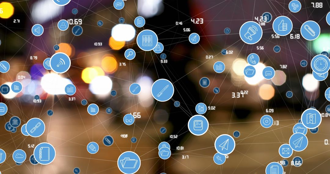 Connected Digital Network Icons Hovering Over City Street at Night