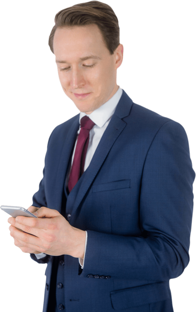 Businessman in Suit Using Smartphone on Transparent Background