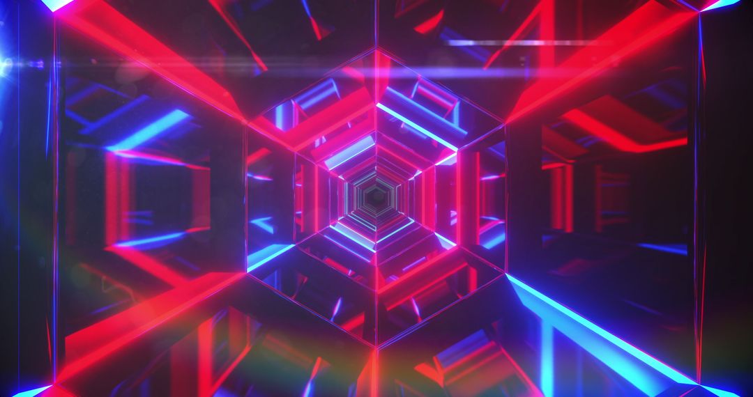 Abstract Neon Hexagon Tunnel with Vibrant Red and Blue Lighting
