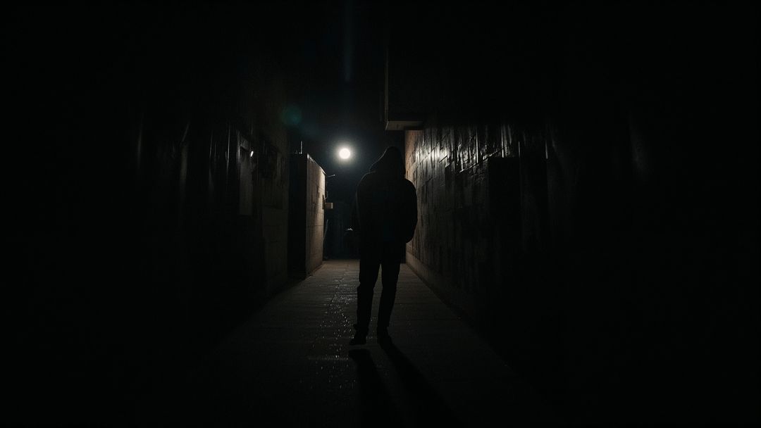 Hooded Figure Walking Through Dark Alley at Night with Sparse Streetlight