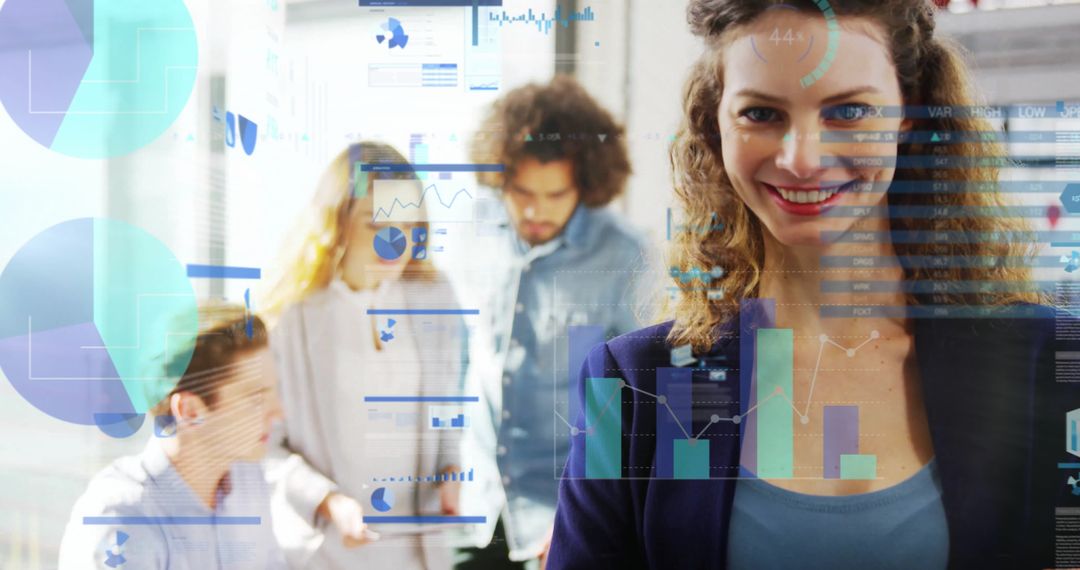 Confident Businesswoman with Team and Digital Analytics Overlay