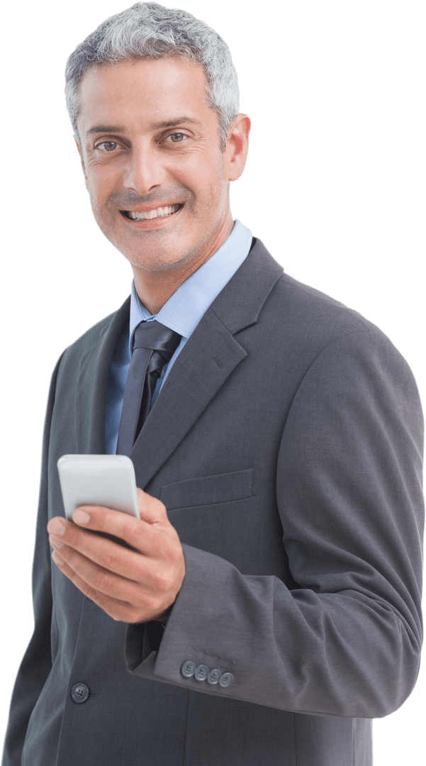 Smiling Businessman Holding Phone with Transparent Background