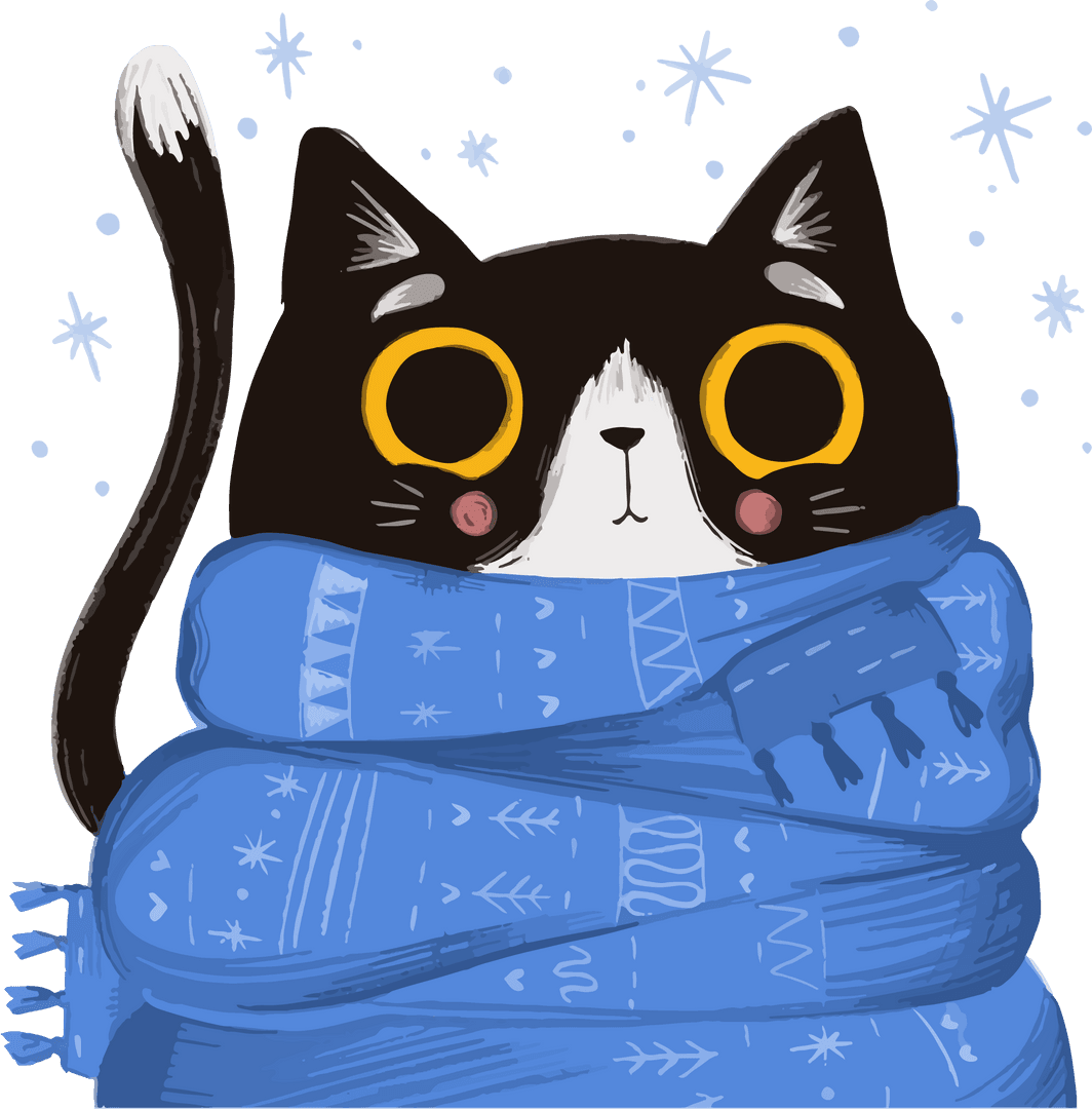Whimsical Cat in Blue Scarf Amid Floating Snowflakes with Transparent Background